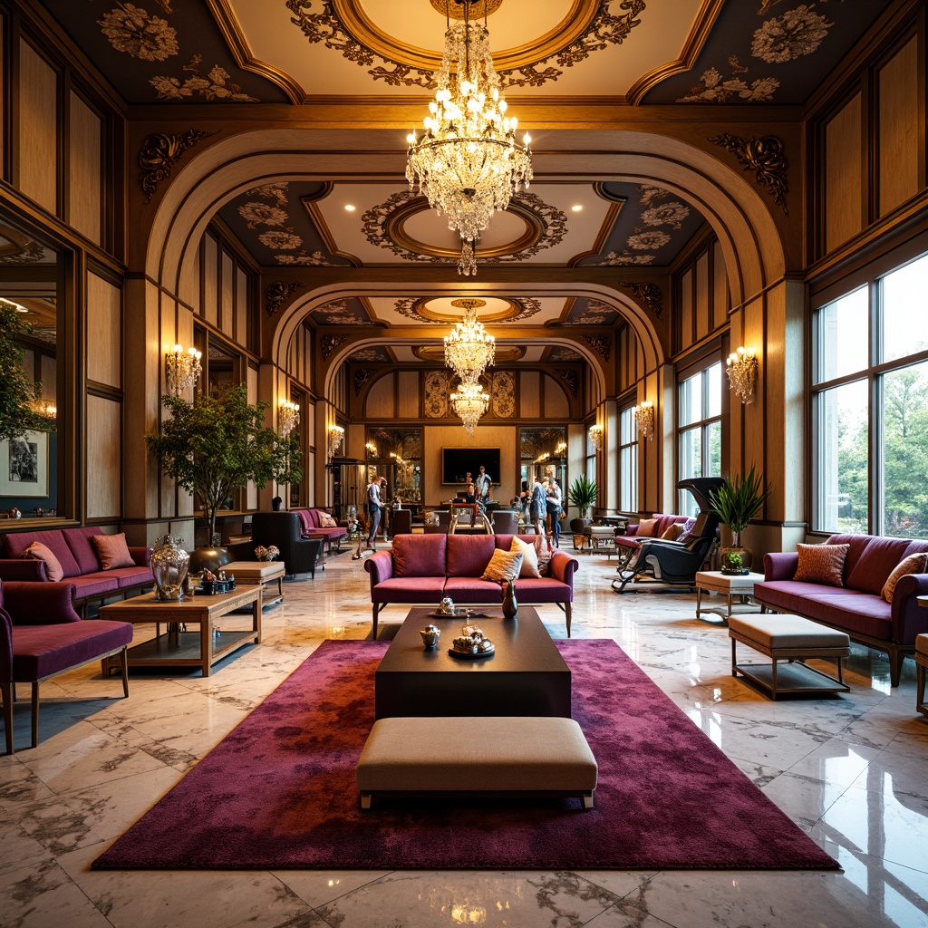 Prompt: Luxurious home gym, ornate Rococo style, gilded decorative moldings, curved lines, opulent furnishings, rich velvet fabrics, golden accents, crystal chandeliers, marble floors, mirrored walls, state-of-the-art exercise equipment, sleek metallic surfaces, vibrant colorful upholstery, soft warm lighting, shallow depth of field, 3/4 composition, panoramic view, realistic textures, ambient occlusion.