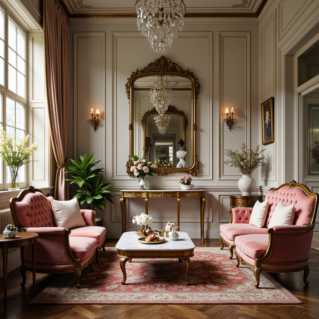 Prompt: Ornate furniture, gilded frames, velvet upholstery, carved wooden legs, curved lines, floral patterns, soft pastel colors, luxurious fabrics, tufted sofas, intricately designed mirrors, crystal chandeliers, marble tabletops, ornamental vases, delicate porcelain figurines, lavish drapery, golden accents, whimsical shapes, dramatic lighting, shallow depth of field, 1/1 composition, realistic textures, ambient occlusion.