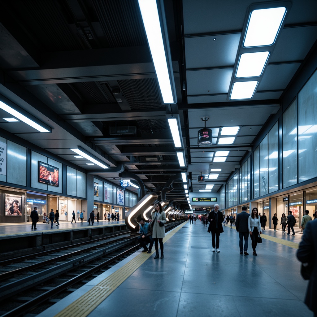 Prompt: Futuristic metro station, sleek modern architecture, stainless steel beams, LED light strips, neon-lit signage, dynamic color-changing lights, elliptical-shaped fixtures, suspended ceiling lamps, ambient indirect lighting, energy-efficient solutions, sensor-activated illumination, minimalistic design, industrial-chic textures, urban cityscape, rush hour atmosphere, evening commute scene, soft warm glow, shallow depth of field, 1/1 composition, realistic reflections.