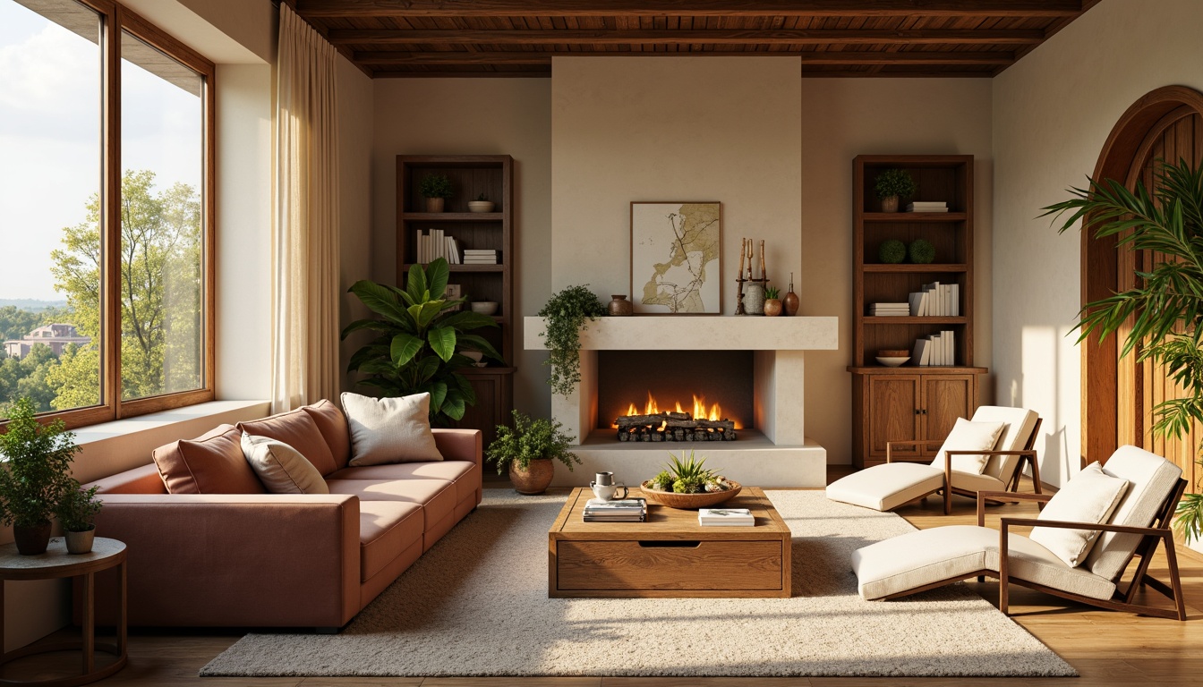 Prompt: Cozy living room, plush velvet sofa, oversized pillows, warm beige walls, rustic wooden coffee table, soft golden lighting, comfortable reading nook, lush green plants, natural stone fireplace, earthy tone color scheme, minimalist decor, Scandinavian-inspired design, functional storage units, ergonomic chair, calming ambiance, relaxed atmosphere, serene retreat.