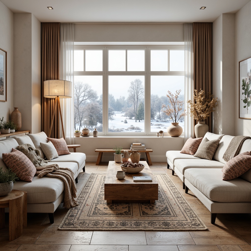 Prompt: Cozy Nordic living room, plush throw blankets, natural woven fibers, soft pastel hues, minimalist wooden furniture, clean-lined sofas, chunky knit pillows, rustic linen upholstery, vintage Moroccan-inspired tiles, warm candlelight, airy windows, sheer curtains, frosty winter mornings, snowy outdoor scenery, frozen lakes, pinecone decorations, Nordic folk patterns, earthy terracotta vases, organic shapes, softbox lighting, 1/1 composition, realistic textures, ambient occlusion.