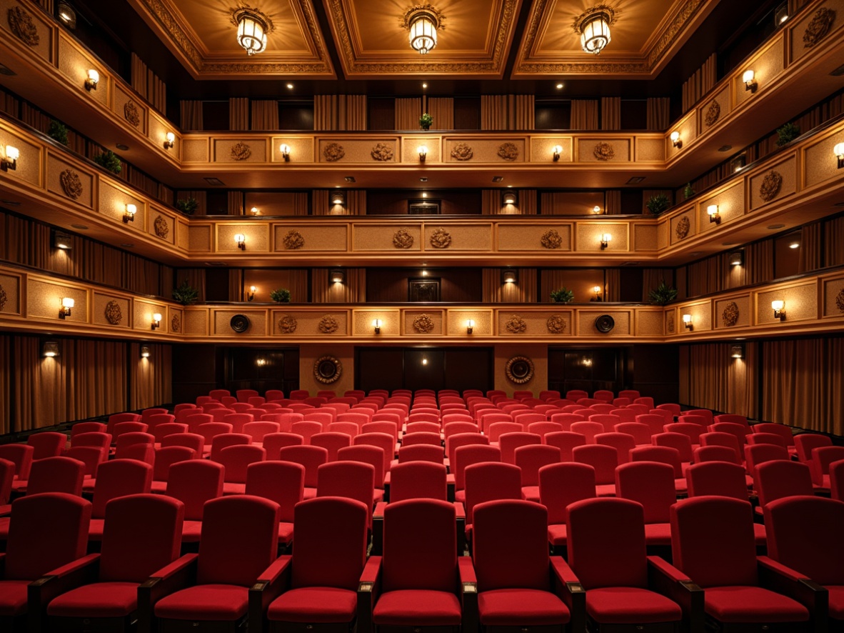 Prompt: Luxurious theater interior, plush red velvet seats, ornate golden balconies, rich wood paneling, sound-absorbing acoustic panels, intricate ceiling designs, soft warm lighting, 3/4 composition, shallow depth of field, realistic textures, ambient occlusion, state-of-the-art sound systems, precision-crafted speakers, professional audio equipment, optimal speaker placement, acoustically treated walls, diffused sound reflections, minimal echo and reverberation, crystal-clear audio quality, immersive cinematic experience.