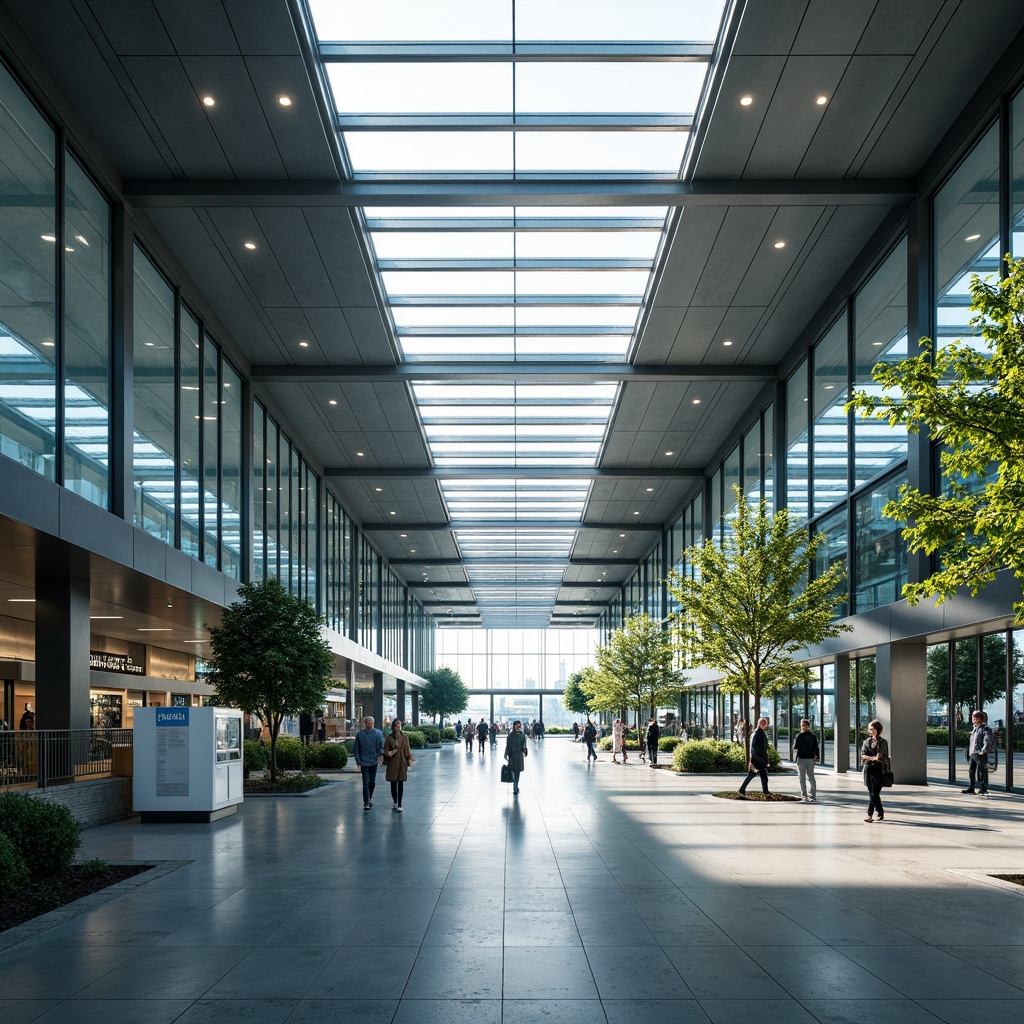 Prompt: Airy airport terminal, sleek glass fa\u00e7ade, minimalist interior design, transparent roofs, natural light pouring in, steel beams, industrial chic aesthetic, polished concrete floors, sparse greenery, modern sculptures, airy open spaces, subtle LED lighting, futuristic ambiance, calm atmosphere, shallow depth of field, 1/1 composition, wide-angle lens, realistic reflections, ambient occlusion.