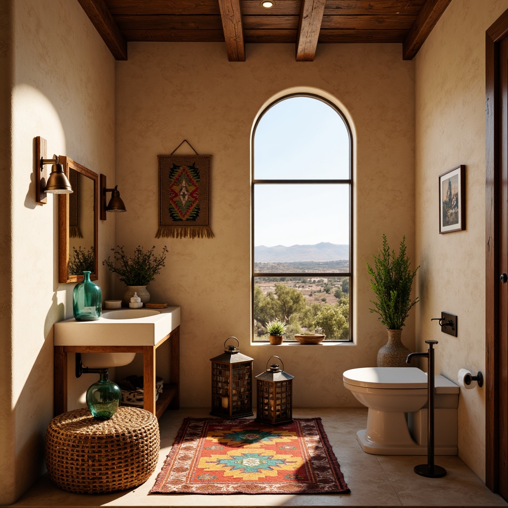 Prompt: Southwestern powder room, warm beige walls, rustic wooden accents, turquoise glass vases, woven rattan furniture, vibrant Native American patterns, colorful kilim rugs, distressed leather ottomans, ornate metal lanterns, arid desert landscape views, soft warm lighting, shallow depth of field, 1/1 composition, realistic textures, ambient occlusion.