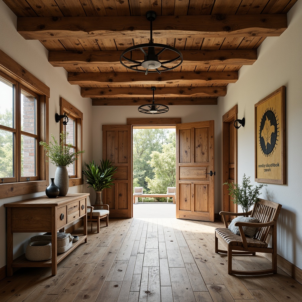 Prompt: Rustic entryway, farmhouse charm, wooden accents, reclaimed barn wood flooring, distressed textures, warm earthy tones, neutral color palette, natural stone walls, vintage metal doors, classic country decor, soft warm lighting, shallow depth of field, 1/1 composition, realistic wood grain, ambient occlusion.