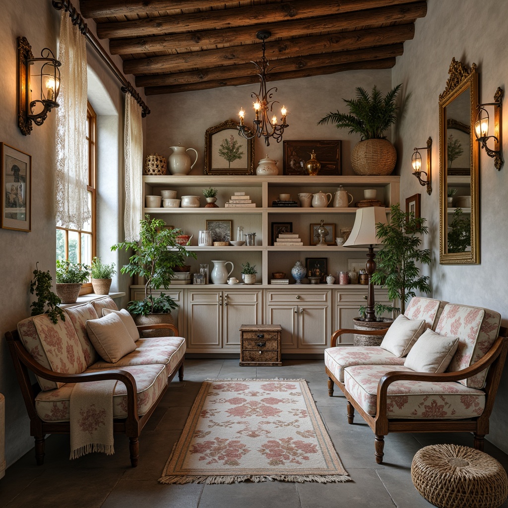 Prompt: Rustic storage room, distressed wood shelving, vintage decorative accents, soft pastel hues, floral patterns, lace curtains, worn wooden crates, ornate metal brackets, elegant chandeliers, warm candlelight, rich textures, French country-inspired decor, antique furniture pieces, ornate mirrors, distressed finishes, natural stone flooring, earthy color palette, cozy reading nooks, plush throw blankets, soft focus photography, 1/2 composition, intimate atmosphere.