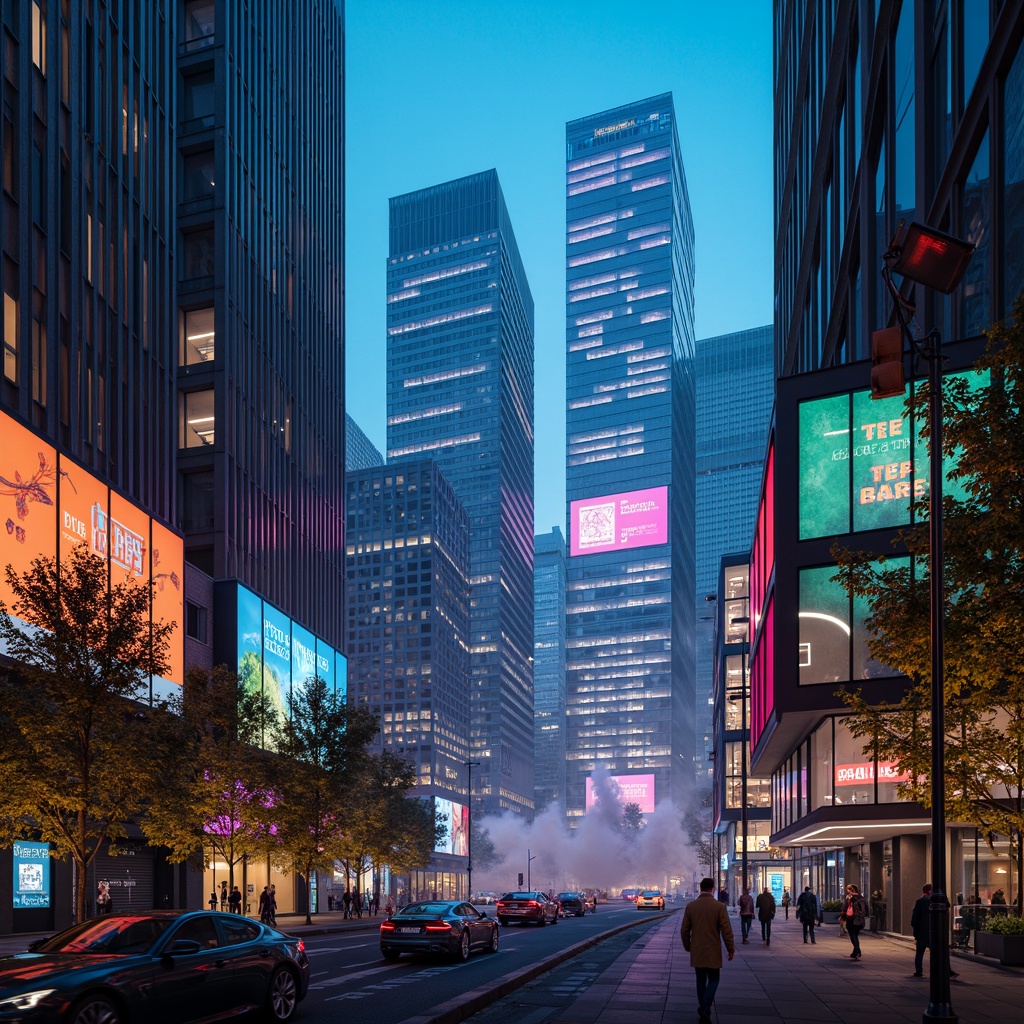 Prompt: Neon-lit cityscape, futuristic skyscrapers, iridescent metallic surfaces, holographic advertisements, vibrant neon lights, electric blue accents, hot pink highlights, glowing orange hues, luminescent greenery, sleek chrome details, geometric patterns, 3D projections, misty atmospheric effects, soft focus blur, cinematic composition, high-contrast lighting, deep depth of field, realistic reflections, ambient occlusion.