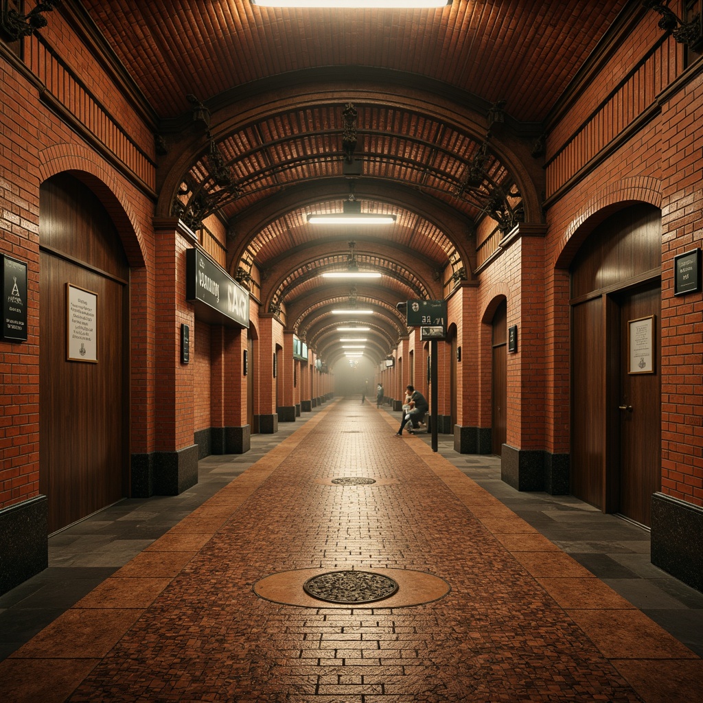 Prompt: Vintage metro station, ornate ironwork, classic brick arches, polished granite flooring, high-gloss ceramic tiles, intricate mosaic patterns, warm terracotta hues, rustic wooden accents, distressed metal signage, soft ambient lighting, shallow depth of field, 1/2 composition, atmospheric fog effect, realistic textures, subtle wear and tear.