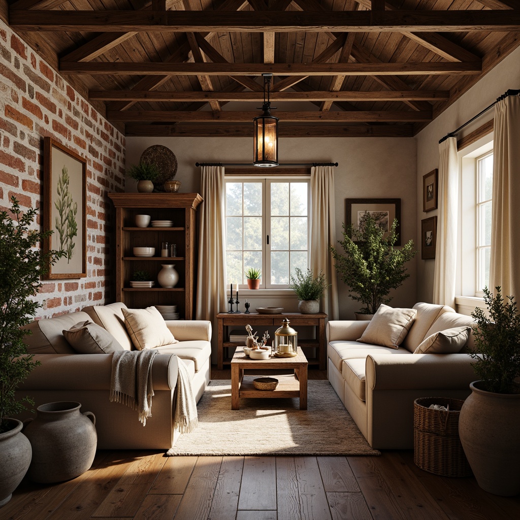 Prompt: Cozy farmhouse interior, rustic wooden beams, vintage metal lanterns, distressed brick walls, plush velvet sofas, worn leather armchairs, natural woven baskets, earthy ceramic vases, soft linen drapes, reclaimed wood flooring, warm candlelight, subtle texture overlays, shallow depth of field, 1/1 composition, realistic fabric simulations, ambient occlusion.