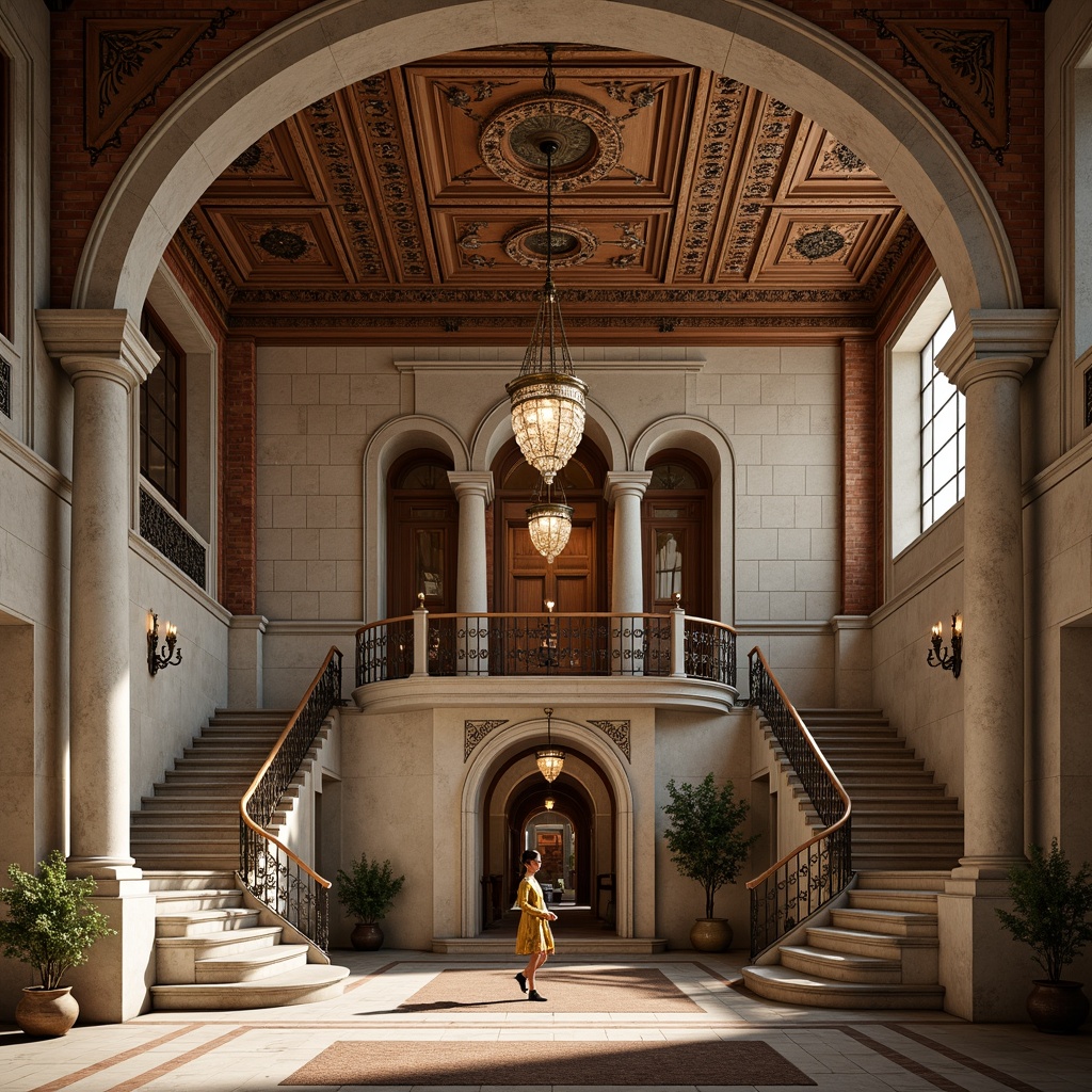 Prompt: Ornate facades, grand entrances, symmetrical compositions, Corinthian columns, intricately carved stonework, decorative cornices, ornamental railings, rustic brick textures, lavish marble floors, sweeping staircases, elegant chandeliers, soft warm lighting, 1/1 composition, shallow depth of field, realistic renderings, ambient occlusion.