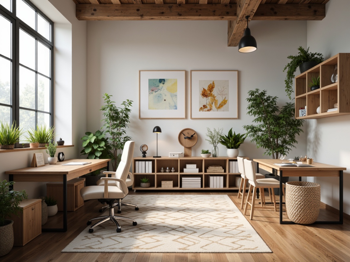 Prompt: Minimalist Scandinavian office, wooden desks, ergonomic chairs, natural light, plants, Nordic-inspired artwork, geometric patterns, pastel color scheme, cozy atmosphere, functional shelving, reclaimed wood accents, industrial chic lighting, abstract sculptures, warm textiles, rustic metal frames, organic shapes, 3/4 composition, shallow depth of field, soft warm lighting, realistic textures.