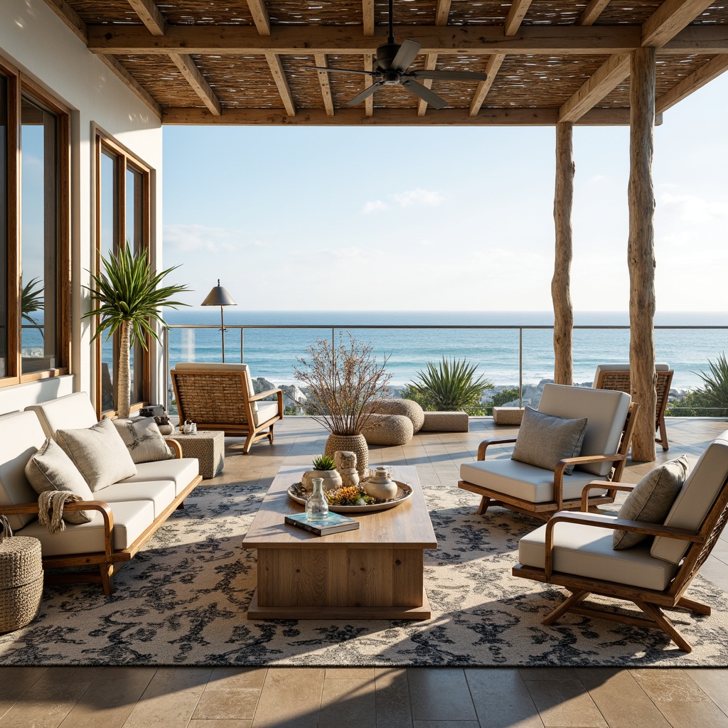 Prompt: Seaside retreat, driftwood furniture, nautical ropes, ocean-inspired accents, calming blue hues, sandy beige tones, natural textiles, woven wicker chairs, reclaimed wood tables, sea-glass vases, coral-patterned rugs, surfboard decor, distressed finishes, airy open spaces, large windows, sliding glass doors, sunny day, soft warm lighting, shallow depth of field, 3/4 composition, panoramic view, realistic textures, ambient occlusion.