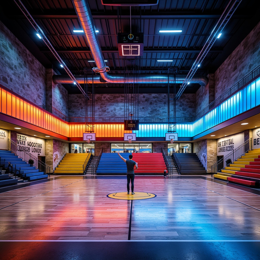 Prompt: Vibrant gymnasium interior, bold color blocking, dynamic athletic tracks, suspended basketball hoops, modern LED lighting, polished wooden floors, sleek metal bleachers, motivational quotes, urban graffiti walls, industrial-style exposed ductwork, contrasting color accents, energizing neon hues, deep blue tones, fiery orange highlights, bright yellow trim, natural stone columns, spacious high ceilings, dramatic shadows, 1/1 composition, realistic textures, softbox lighting.