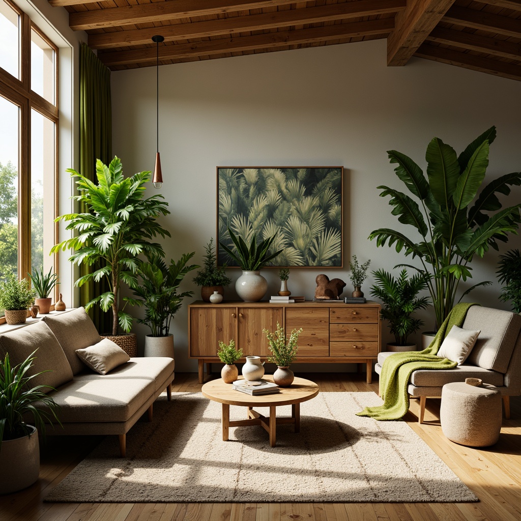 Prompt: Vibrant living room, lush greenery, potted plants, natural wood furniture, earthy tone walls, cozy textiles, warm soft lighting, shallow depth of field, 1/1 composition, intimate setting, realistic plant textures, ambient occlusion, modern minimalist decor, elegant vases, decorative planters, organic shapes, fresh flowers, subtle scent, calming atmosphere, peaceful ambiance.