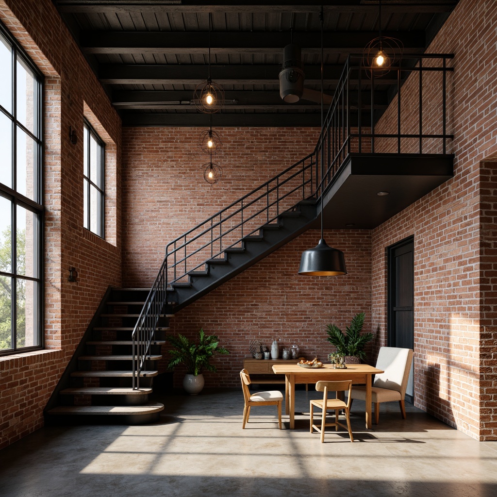 Prompt: Exposed brick walls, metal beams, industrial chic decor, functional lighting fixtures, steel shade lamps, Edison bulb pendants, concrete floors, reclaimed wood accents, urban loft atmosphere, high ceilings, metal staircase, modern minimalist aesthetic, task-oriented lighting, warm color temperature, dramatic shadowing, 1/1 composition, realistic materials, ambient occlusion.