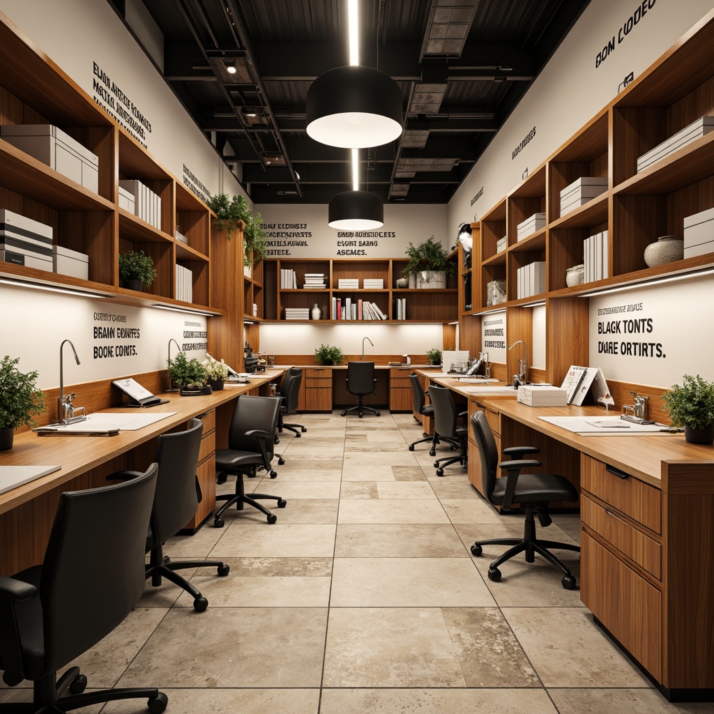 Prompt: Elegant laboratory interior, wooden workstations with metal frames, ergonomic chairs, modern task lighting, built-in shelving units, sleek countertops, polished chrome fixtures, academic-style cabinetry, motivational quotes on walls, natural stone flooring, earthy color scheme, soft overhead lighting, shallow depth of field, 3/4 composition, panoramic view, realistic textures, ambient occlusion.