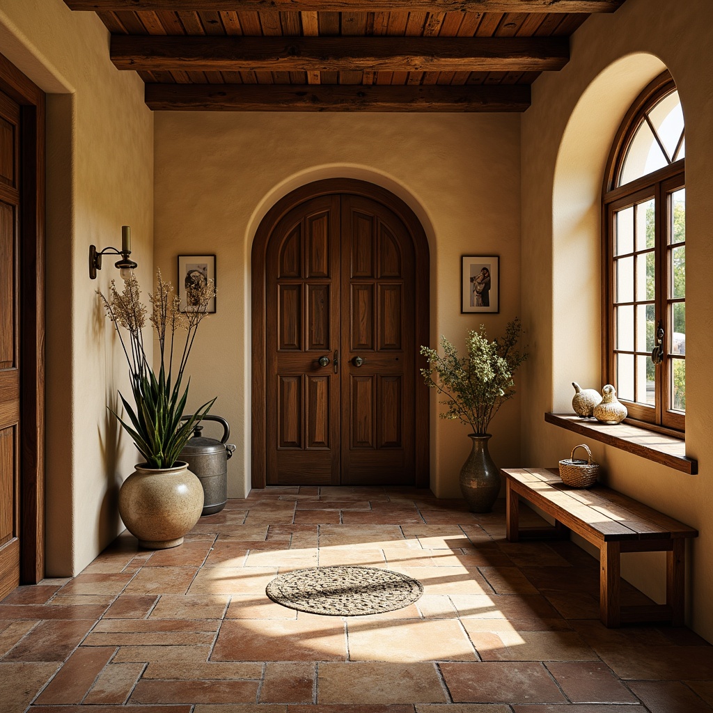 Prompt: Renaissance-style mudroom, rustic wooden accents, earthy color palette, natural stone flooring, terracotta tiles, distressed wood planks, ceramic tiles with ornate patterns, decorative metal inlays, warm ambient lighting, soft shadows, 3/4 composition, shallow depth of field, realistic textures, ambient occlusion.