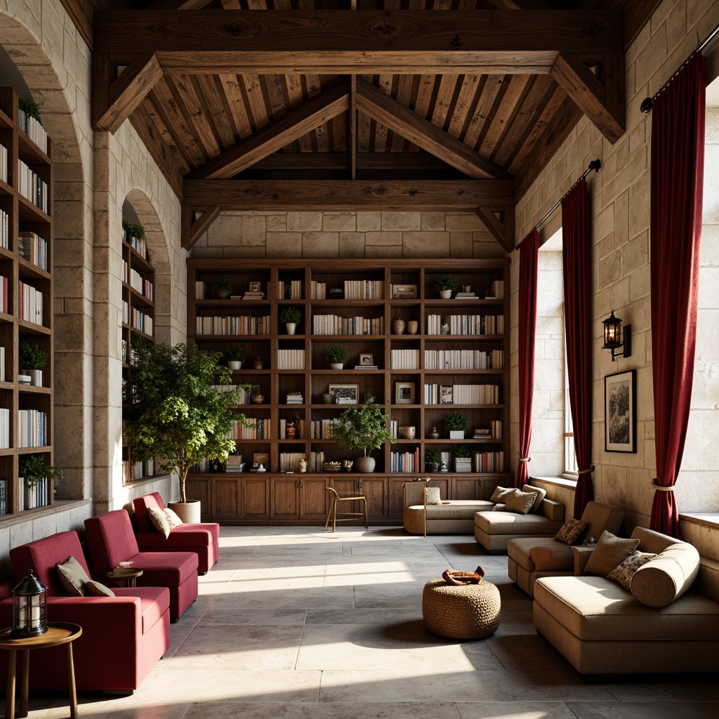 Prompt: Rustic library, stone accents, distressed wood shelves, vintage book collections, comfortable reading nooks, soft warm lighting, rich velvet drapes, ornate metal lanterns, classic French country style, limestone walls, wooden beams, earthy color palette, natural textures, cozy atmosphere, quiet ambiance, afternoon sunlight, subtle shadows, 1/1 composition, realistic materials, ambient occlusion.