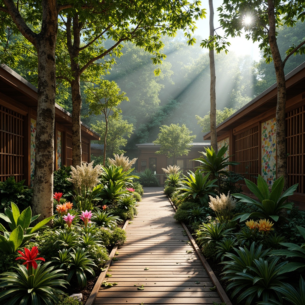 Prompt: Vibrant tropical foliage, exotic flowers, rustic wooden bridges, woven bamboo fences, misty rainforest ambiance, iridescent butterfly wings, shimmering peacock feathers, rough tree bark textures, weathered stone walls, colorful ceramic tiles, intricate mosaic patterns, lush green canopies, warm sunny lighting, soft focus blur, 1/2 composition, shallow depth of field, naturalistic render style.