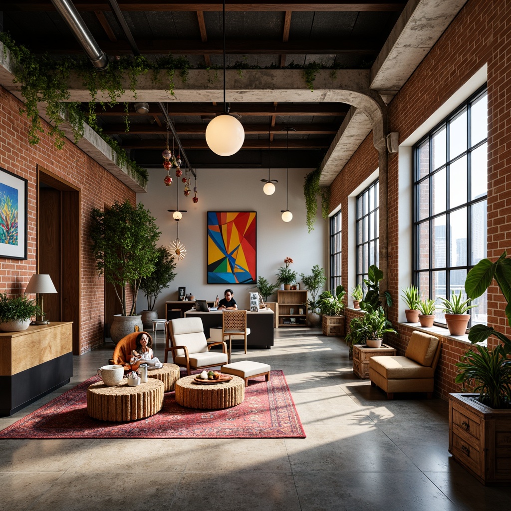 Prompt: Vibrant eclectic office, exposed brick walls, polished concrete floors, industrial metal beams, reclaimed wood accents, bold colorful artwork, whimsical decorative lighting, eclectic furniture mix, plush area rugs, lush greenery, natural stone planters, abstract sculptures, modern minimalist desks, ergonomic chairs, collaborative workspaces, cozy reading nooks, flexible modular shelving, rustic wooden crates, urban cityscape views, warm atmospheric lighting, shallow depth of field, 2/3 composition, cinematic angles.