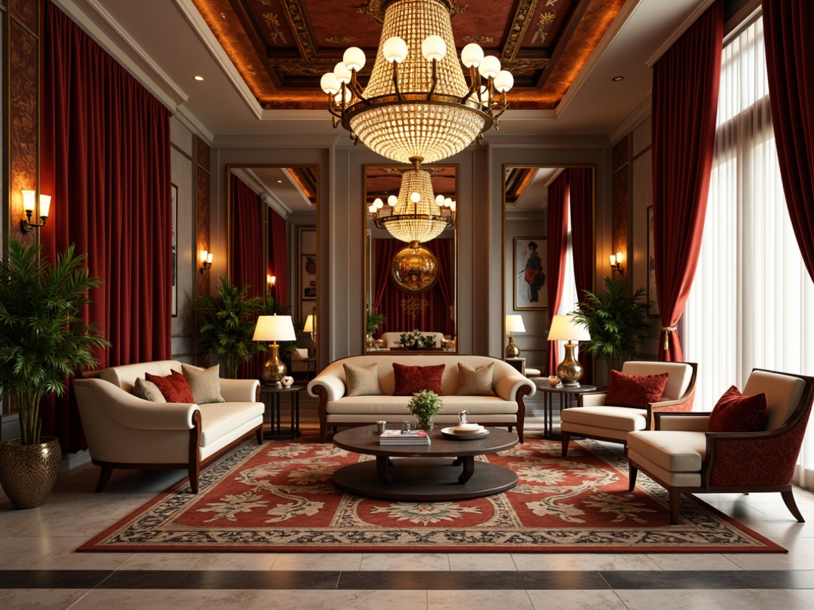 Prompt: Luxurious living room, opulent chandeliers, rich velvet drapes, ornate metalwork, geometric patterns, bold color schemes, curved lines, luxurious fabrics, statement furniture pieces, sleek chrome accents, polished marble floors, intricate wood inlays, lavish decorative mirrors, glamorous Hollywood regency style, 1920s-inspired elegance, sophisticated ambiance, warm golden lighting, shallow depth of field, 1/2 composition, realistic textures, ambient occlusion.