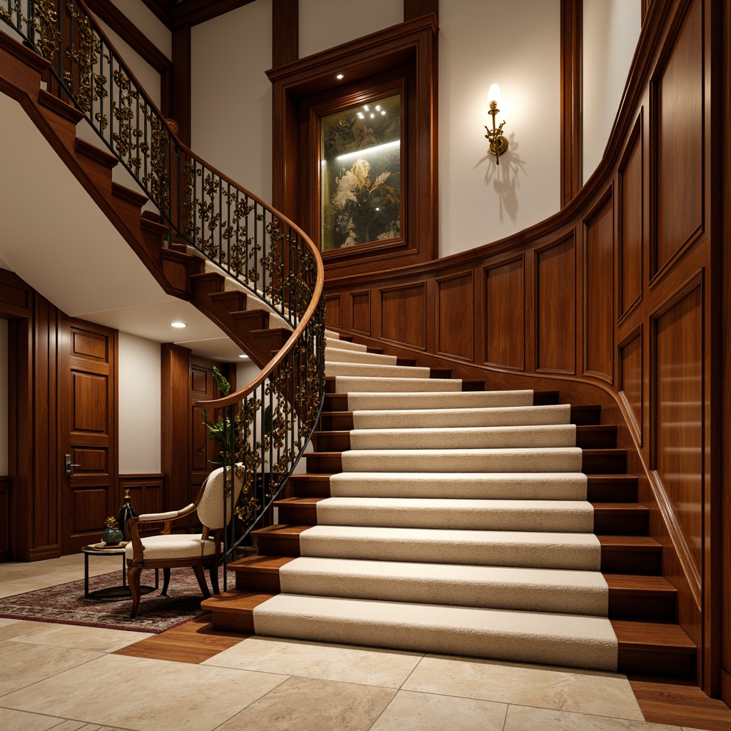 Prompt: Luxurious staircase, rich wood tones, elegant banister, plush carpeting, soft pile texture, warm beige colors, comfortable underfoot feel, classic traditional design, ornate metal railings, sophisticated interior atmosphere, dramatic high ceiling, bright natural light, subtle shadowing, 3/4 composition, shallow depth of field, realistic textures.