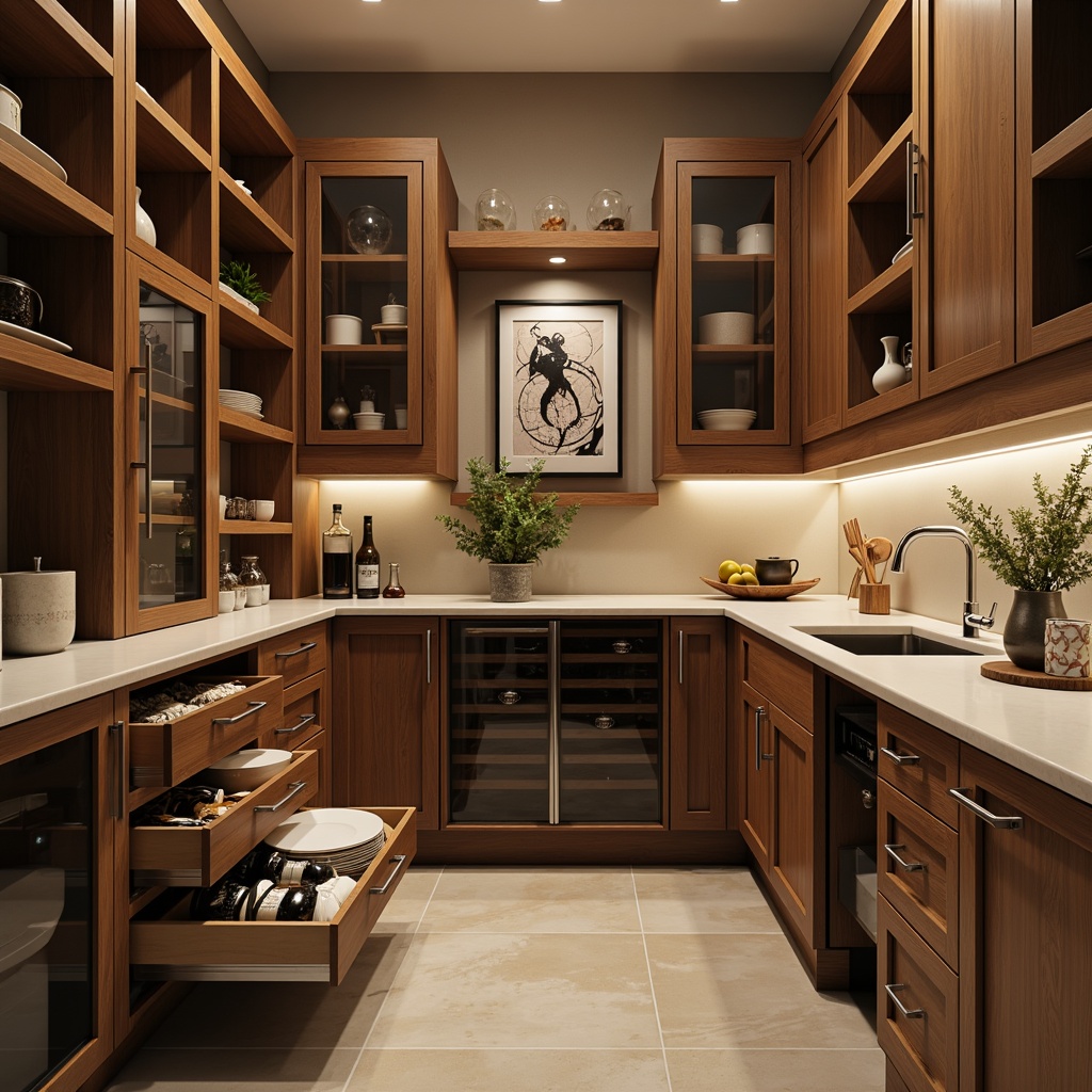 Prompt: Modern pantry design, sleek cabinetry, minimalist hardware, soft-close drawers, custom storage solutions, premium materials, rich wood tones, high-gloss finishes, LED lighting, ambient illumination, floor-to-ceiling units, wall-mounted shelves, pull-out trash cans, built-in wine racks, spice organizers, chrome handles, glass door inserts, matte black accents, warm beige backgrounds, shallow depth of field, 1/1 composition, realistic textures, subtle reflections.