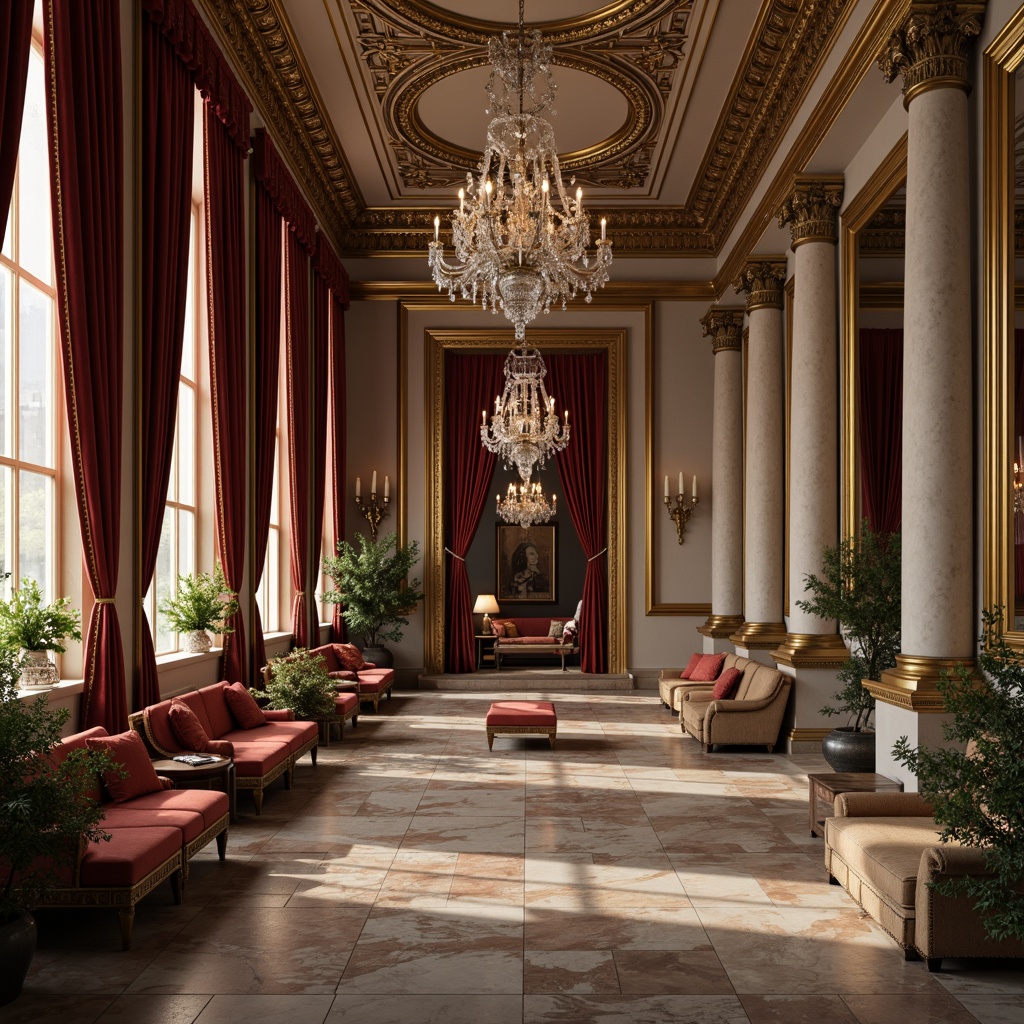 Prompt: Intricate moldings, ornate ceilings, grandiose columns, neoclassical architecture, opulent furnishings, rich velvet fabrics, gilded frames, crystal chandeliers, marble floors, stately proportions, symmetrical compositions, subtle warm lighting, soft focus, shallow depth of field, 2/3 composition, realistic textures, ambient occlusion.