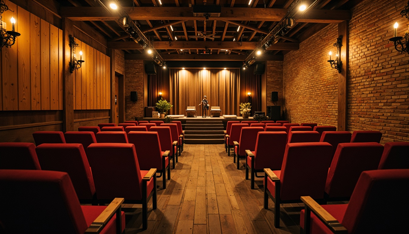 Prompt: Rustic performing arts center, wooden stage, vintage spotlights, distressed brick walls, reclaimed wood floors, cozy atmosphere, intimate seating arrangement, plush velvet seats, ornate metal armrests, rustic wooden benches, candlelit ambiance, warm golden lighting, shallow depth of field, 1/2 composition, soft focus effect, natural textures, ambient occlusion.