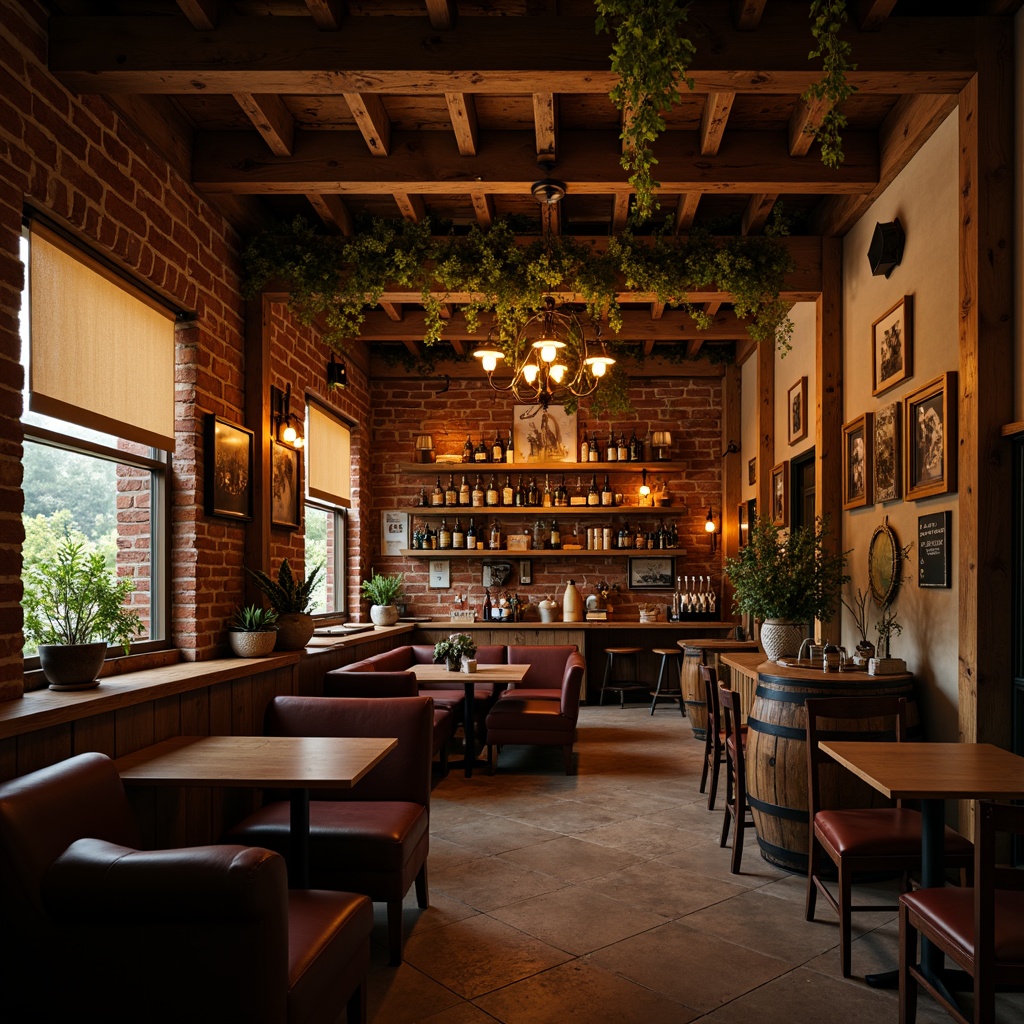 Prompt: Cozy pub atmosphere, warm wood accents, rustic brick walls, vintage metal signs, earthy color palette, moss green, terracotta red, sandy beige, golden ale tones, dimly lit spaces, wooden barrels, comfy leather armchairs, soft warm lighting, shallow depth of field, 2/3 composition, inviting textures, atmospheric misting.