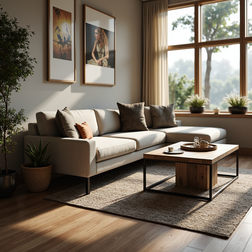 Prompt: Modern living room, sleek low-profile sofa, plush velvet cushions, minimalist coffee table, industrial metal legs, reclaimed wood accents, geometric patterned rug, floor-to-ceiling windows, natural light pouring in, soft warm ambiance, 3/4 composition, shallow depth of field, realistic textures, ambient occlusion.