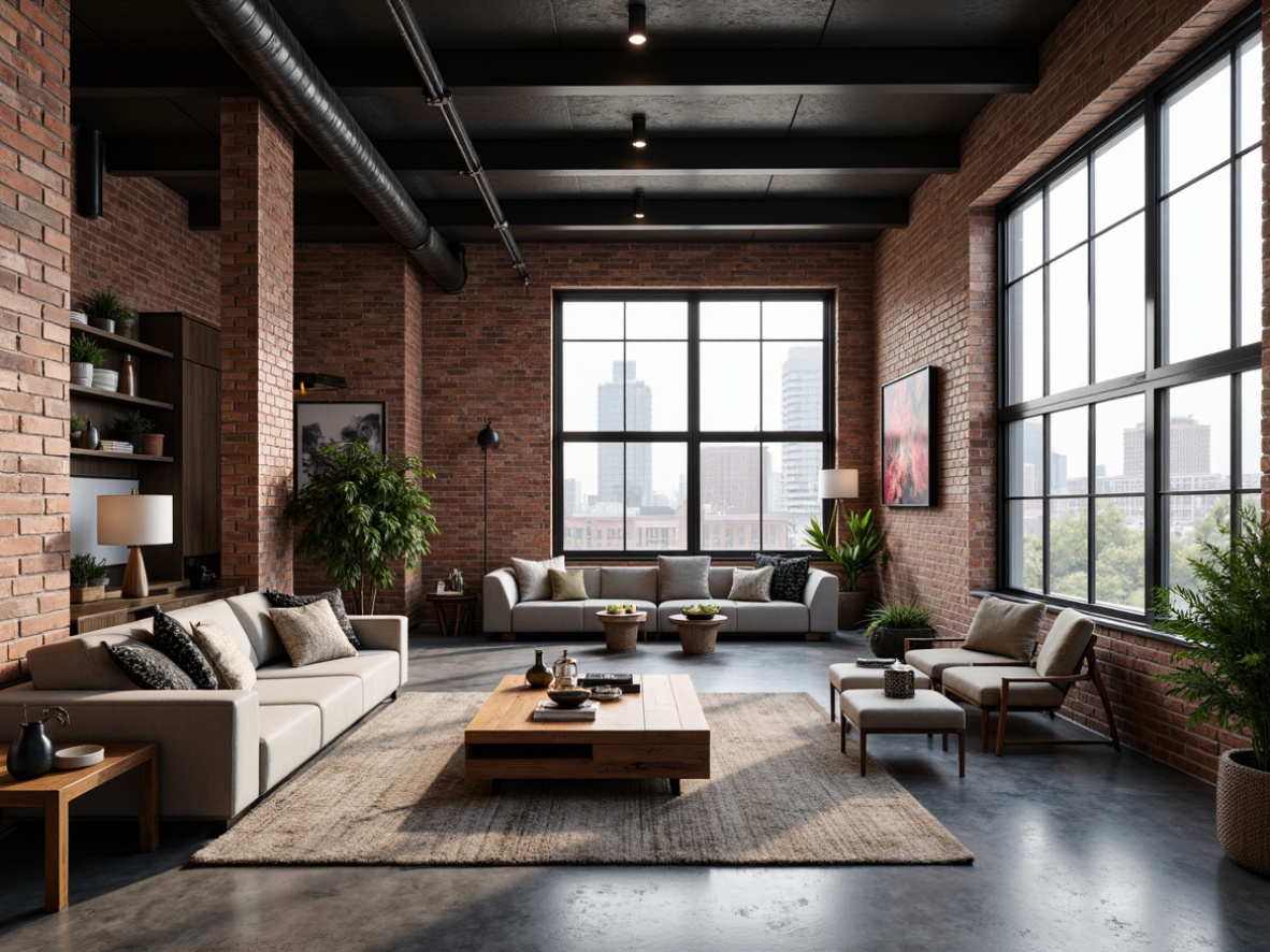 Prompt: Exposed brick walls, industrial chic decor, polished concrete floors, distressed wooden planks, metal beams, high ceilings, urban loft atmosphere, modern minimalist furniture, sleek steel accents, reclaimed wood textures, rustic charm, gritty urban feel, dramatic city skyline views, floor-to-ceiling windows, neutral color palette, edgy lighting fixtures, 3/4 composition, shallow depth of field, realistic rendering.