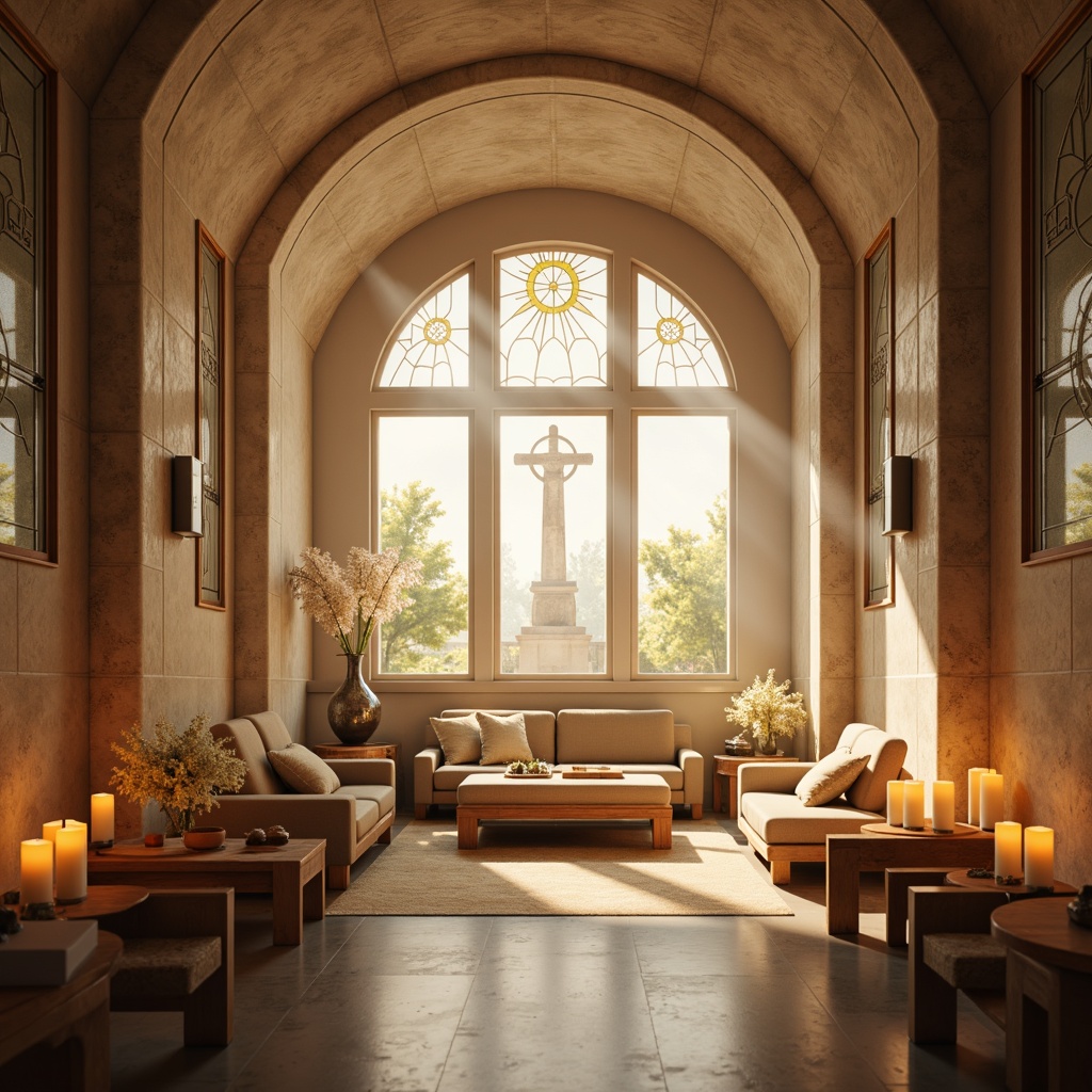 Prompt: Ethereal spiritual sanctuary, soft warm glow, candlelit ambiance, stained glass windows, ornate lanterns, minimalist metal fixtures, natural stone walls, wooden accents, serene atmosphere, gentle misting system, subtle LED lights, ambient occlusion, shallow depth of field, 3/4 composition, panoramic view, realistic textures, warm beige tones, soft pastel hues, intricate patterns, sacred symbols, peaceful ambiance.