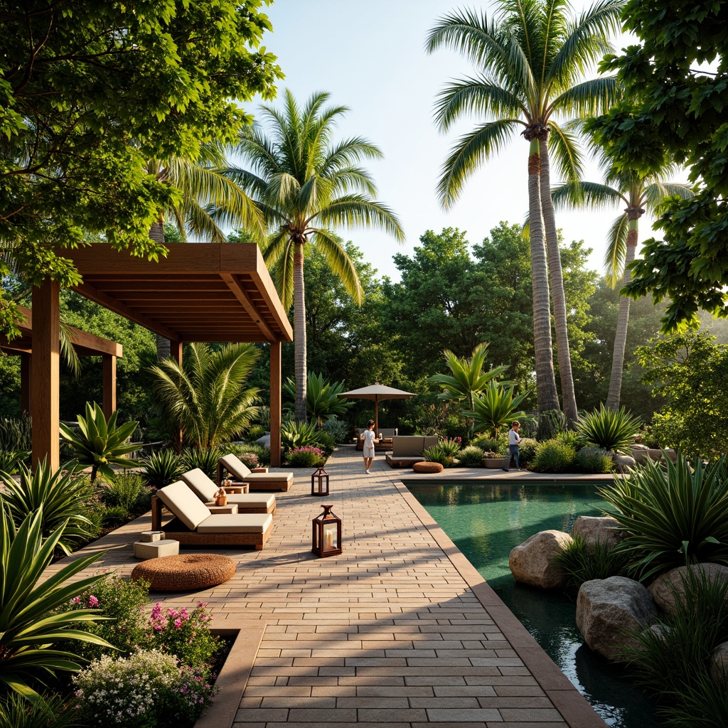 Prompt: Vibrant tropical garden, lush greenery, exotic flowers, wooden decking, rattan furniture, lantern-style lighting, natural stone pathways, water features, bamboo accents, colorful tiki torches, palm trees, sunny day, warm soft lighting, shallow depth of field, 1/1 composition, intimate atmosphere, realistic textures, ambient occlusion.