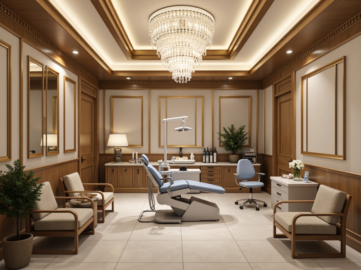 Prompt: Elegant neoclassical dental clinic, ornate moldings, sophisticated chandeliers, warm beige walls, rich wood accents, comfortable patient lounges, modern dental equipment, sleek metal chairs, gentle LED lighting, softbox lights, ambient backlighting, 3-point lighting setup, high-contrast ratios, subtle color temperatures, creamy whites, pale grays, calming blue tones, natural stone floors, polished marble countertops, luxurious textiles, refined architectural details, subtle patterns, ornate fixtures, sophisticated color schemes, warm inviting atmosphere.