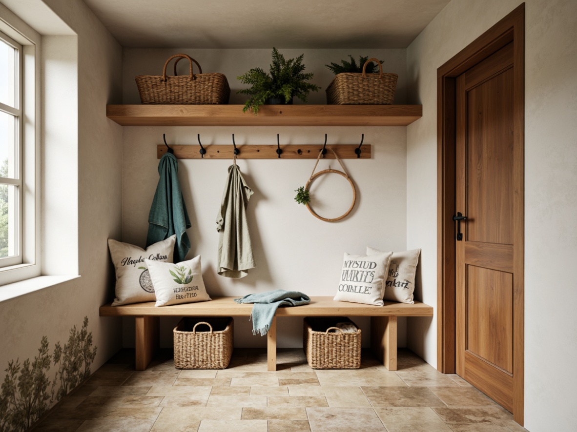 Prompt: Mid-century modern mudroom, natural stone flooring, wooden bench, woven baskets, industrial metal hooks, rustic wooden shelves, earthy tone color scheme, warm ambient lighting, shallow depth of field, 1/1 composition, realistic textures, ambient occlusion, botanical prints, natural fabrics, organic shapes, minimalist decor, functional design, modern simplicity.