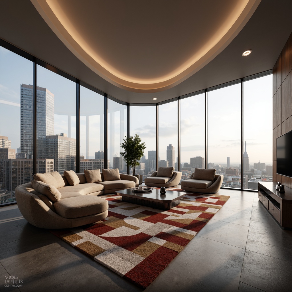 Prompt: Sleek modern living room, curved lines, minimalist decor, polished chrome accents, luxurious fabrics, velvet sofas, low-profile coffee tables, geometric patterned rugs, floor-to-ceiling windows, urban skyline views, soft warm lighting, 1/1 composition, shallow depth of field, realistic textures, ambient occlusion, futuristic streamline moderne style, innovative ergonomic design, adjustable modular furniture, hidden storage compartments, smart home automation systems.