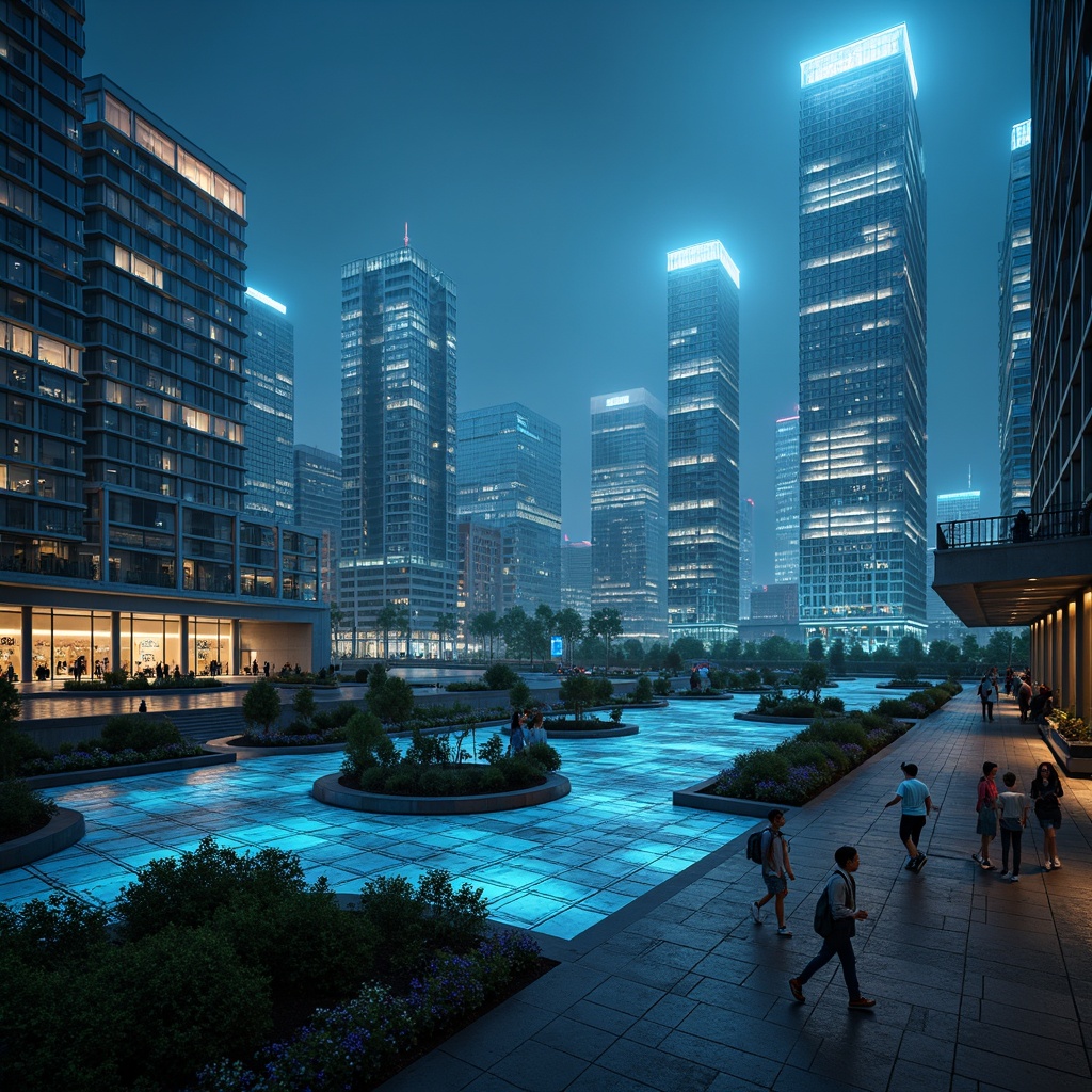 Prompt: Futuristic cityscape, neon-lit skyscrapers, holographic advertisements, sleek metal towers, glowing LED strips, cantilevered roofs, angular lines, minimalist design, innovative lighting systems, orbiting satellites, robotic streetlights, iridescent glass ceilings, fibre-optic chandeliers, luminescent floor tiles, ambient glow, soft blue hues, atmospheric fog, shallow depth of field, 1/1 composition, panoramic view, realistic reflections, ambient occlusion.