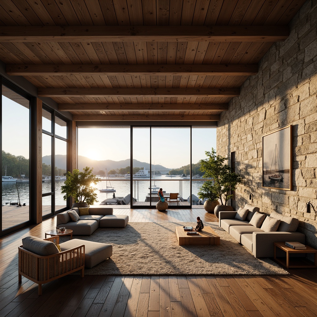 Prompt: Waterfront boathouse, minimalist Bauhaus design, open floor plan, floor-to-ceiling windows, natural wood accents, industrial metal beams, rustic stone walls, nautical decor, sailing-inspired furniture, cozy reading nooks, abundant natural light, soft warm glow, shallow depth of field, 1/1 composition, panoramic view, realistic textures, ambient occlusion.