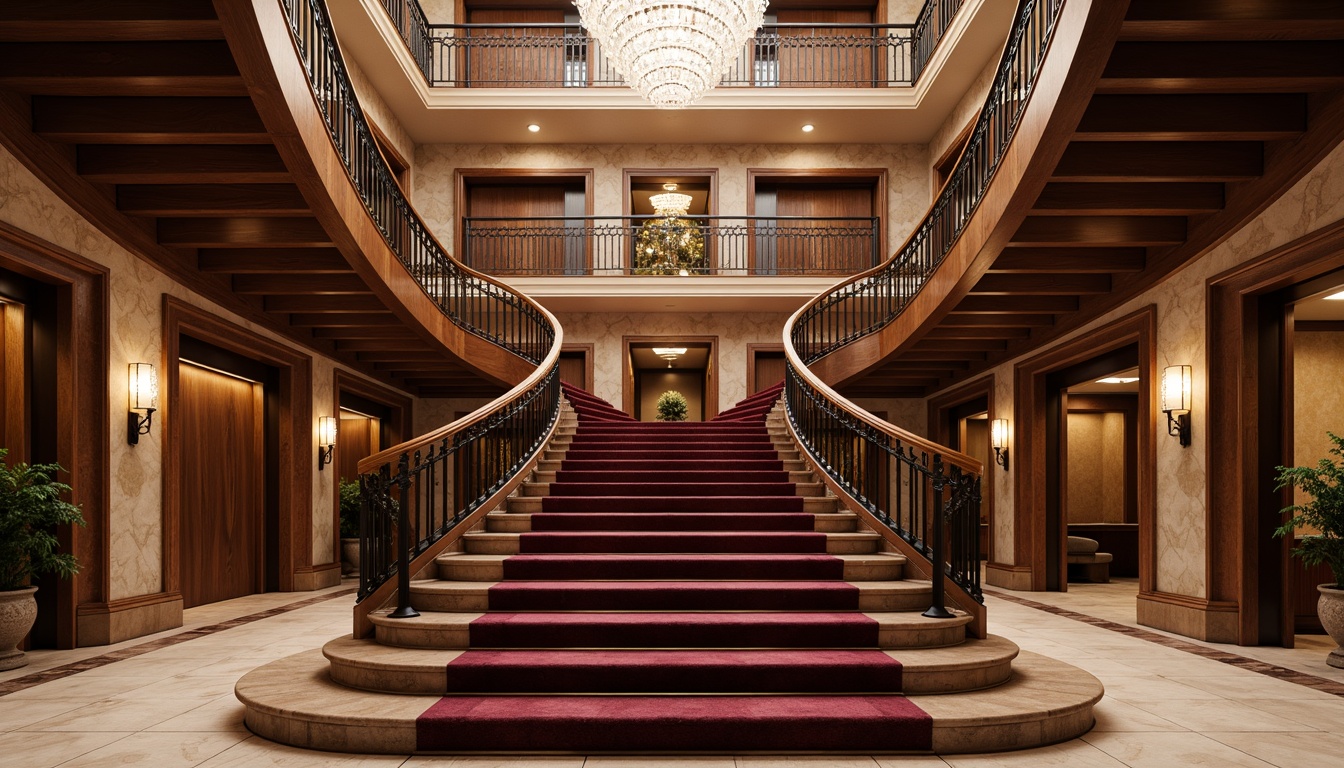 Prompt: Grand staircase, ornate balusters, intricately carved wooden railings, polished marble steps, majestic columns, symmetrical layout, elegant curved lines, luxurious velvet carpeting, richly patterned wallpaper, crystal chandeliers, soft warm lighting, 1/2 composition, shallow depth of field, realistic textures, ambient occlusion.