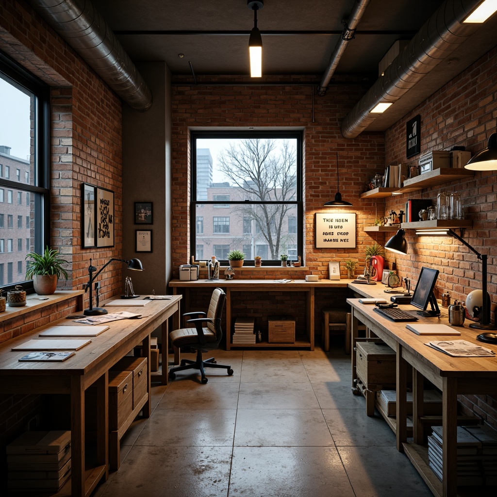 Prompt: Cozy workshop, wooden workbenches, metal toolboxes, scattered papers, pencils, and sketches, warm soft lighting, overhead LED lamps, desk lamps, natural light pouring in through large windows, industrial-style ceiling fixtures, rustic brick walls, polished concrete floors, minimalist decor, motivational quotes, academic posters, modern ergonomic chairs, collaborative workspaces, 1/1 composition, high-contrast lighting, dramatic shadows, realistic textures, ambient occlusion.