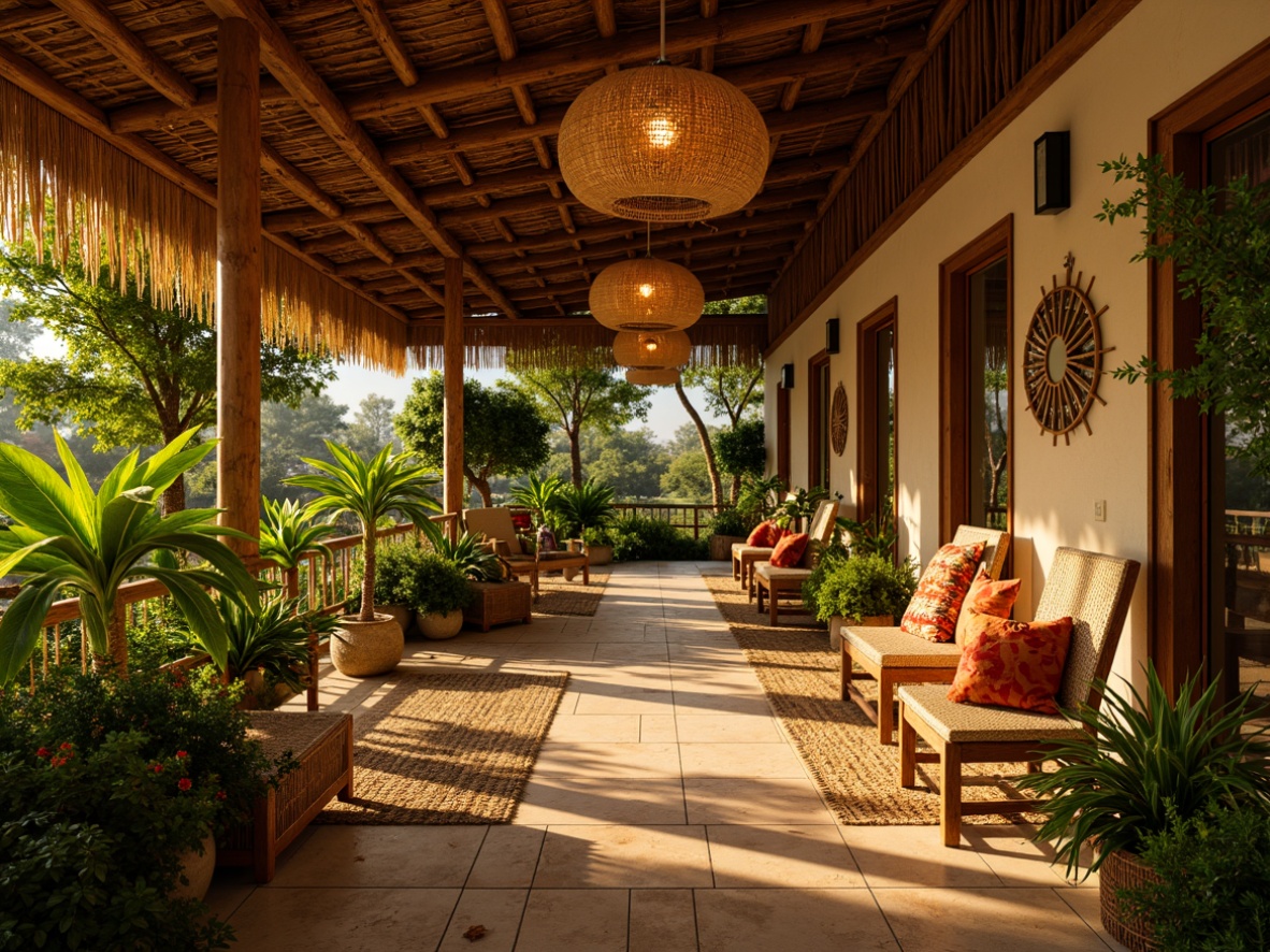 Prompt: Vibrant tropical hall, warm golden lighting, pendant lamps, rattan shades, natural fiber rugs, woven bamboo walls, lush greenery, exotic plants, colorful floral arrangements, wooden accents, distressed finishes, coral-inspired decorative accessories, soft warm ambiance, shallow depth of field, 1/2 composition, realistic textures, ambient occlusion.