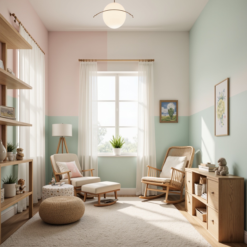 Prompt: Whimsical nursery, soft pastel colors, gentle lighting, plush area rug, comfortable glider rocker, cozy reading nook, baby-safe storage units, minimal ornamentation, curved lines, calming atmosphere, natural wood furniture, soothing wall art, 1/2 composition, shallow depth of field, warm color palette, baby-friendly textures.