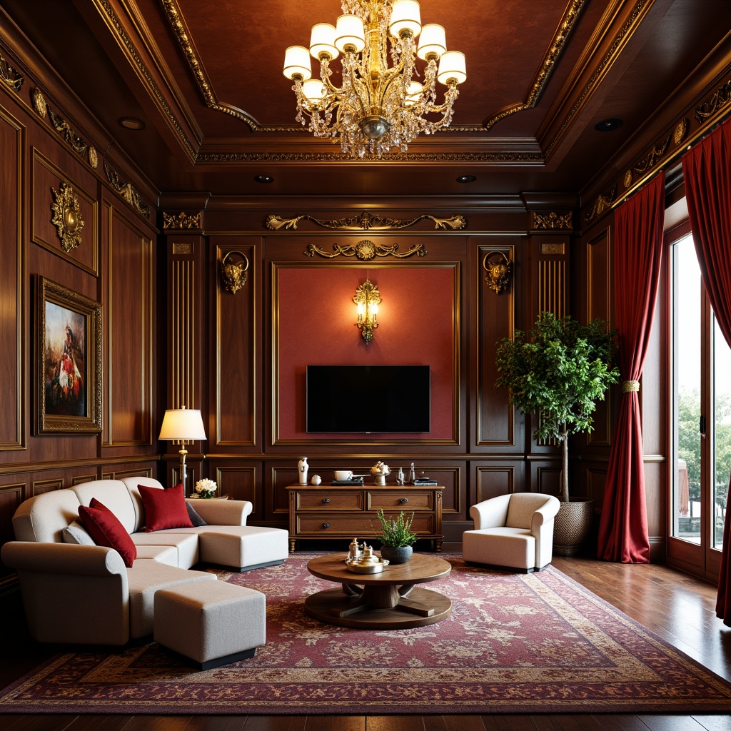 Prompt: Opulent home gym, ornate moldings, gilded details, luxurious velvet drapes, rich wood paneling, crystal chandeliers, Rococo-inspired furniture, curved lines, shell motifs, intricate carvings, soft warm lighting, dramatic shadows, 3/4 composition, shallow depth of field, realistic textures, ambient occlusion.