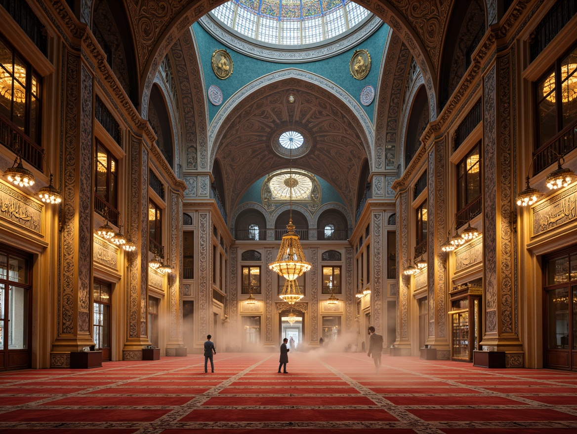 Prompt: Ornate mosque, intricate Islamic patterns, golden domes, majestic minarets, vibrant stained glass windows, lavish interior decorations, ornamental calligraphy, sacred prayer spaces, luxurious carpets, opulent chandeliers, grand archways, symmetrical compositions, dramatic lighting effects, misty atmospheric fog, warm soft focus, 1/1 composition, realistic textures, ambient occlusion.