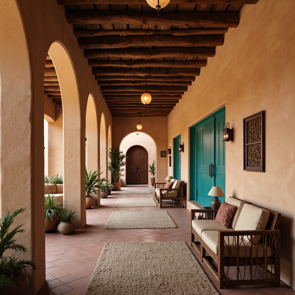 Prompt: Southwestern-style hall, earthy tone adobe walls, rustic wooden beams, terra cotta floor tiles, vibrant turquoise accents, natural linen upholstery, woven rattan furniture, desert-inspired patterns, sandy beige stone columns, warm bronze metalwork, plush area rugs, ambient candlelight, shallow depth of field, 1/2 composition, realistic textures, soft focus.