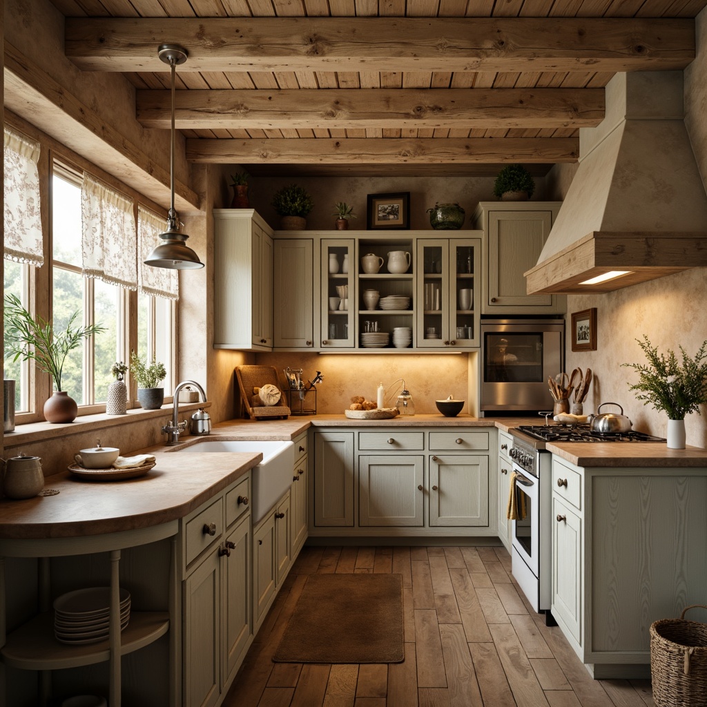 Prompt: Rustic kitchen, distressed wood cabinets, soft warm lighting, pendant lanterns, candlelight ambiance, farmhouse sink, natural stone countertops, vintage appliances, decorative metalware, pastel color palette, ornate metal fixtures, lace curtains, floral patterns, worn wooden floors, cozy nooks, warm beige tones, soft focus, 1/1 composition, realistic textures, ambient occlusion.