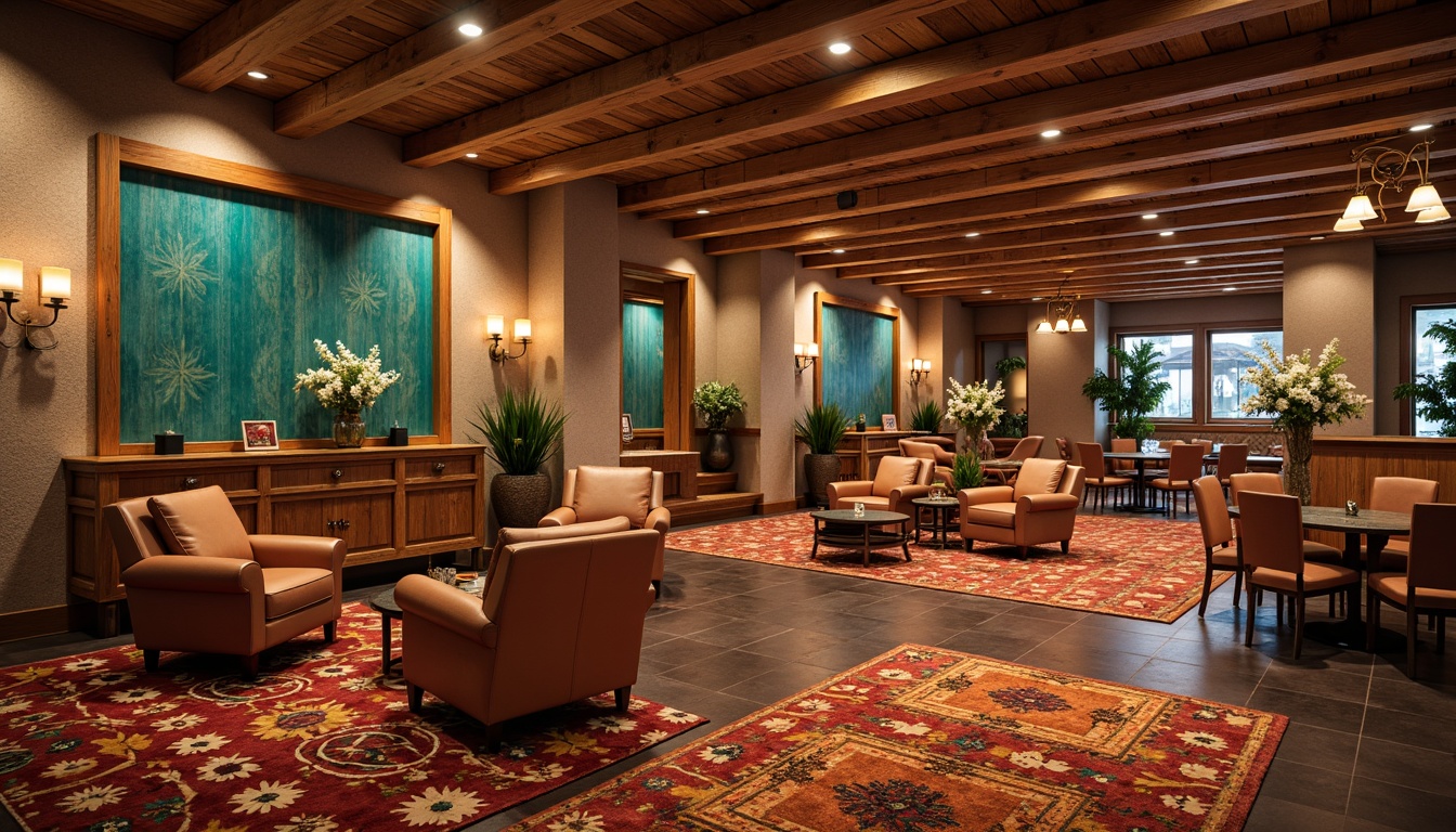 Prompt: Southwestern-themed casino interior, rustic wooden accents, turquoise inlays, vibrant Native American patterned rugs, plush leather armchairs, metallic bronze decorative fixtures, natural stone walls, earthy-toned upholstery, pendant lanterns, warm ambient lighting, shallow depth of field, 3/4 composition, realistic textures, ambient occlusion.