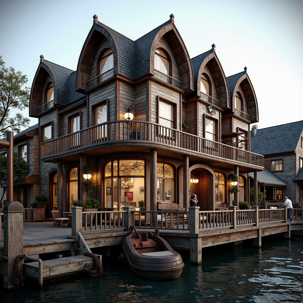 Prompt: Ornate boathouse, Victorian-style architecture, wooden docks, rusty anchors, vintage lanterns, distressed wood textures, curved rooflines, steeply pitched roofs, decorative trusses, wooden shutters, stained glass windows, ornamental railings, grand entranceways, intricate moldings, rich wood tones, nautical-themed decorations, porthole windows, rope detailing, weathered copper accents, soft warm lighting, shallow depth of field, 1/2 composition, realistic water reflections.