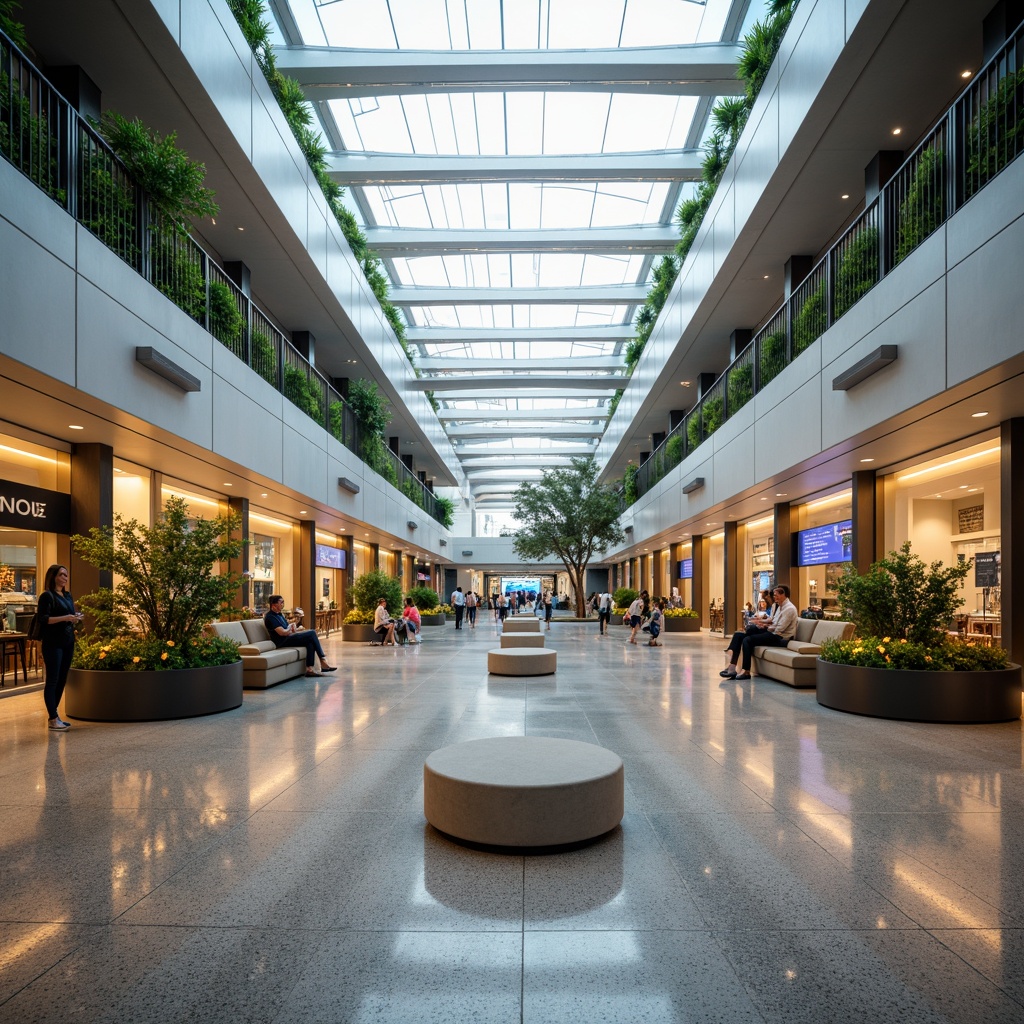 Prompt: Airy atrium, natural light pouring in, sleek modern architecture, minimalistic decor, stainless steel railings, polished marble floors, comfortable seating areas, lush greenery walls, vibrant flowers, ample power outlets, futuristic LED lighting, soft warm ambiance, shallow depth of field, 3/4 composition, panoramic view, realistic textures, ambient occlusion, bustling airport atmosphere, busy travelers, airport signage, departure boards, security checkpoints, retail shops, cafes, restaurants, spacious corridors, easy wayfinding, intuitive navigation, clear directional signs.